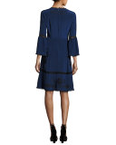 3/4-Sleeve Embroidered Silk Dress, Blue/Black