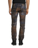 Distressed Slim-Fit Moto Jeans, Blue