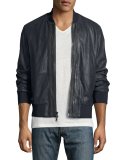 Burnished Leather Bomber Jacket, Dark Blue
