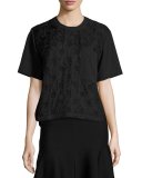 Short-Sleeve Boxy Jacquard Cloque Top, Black