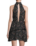 Sleeveless Floral Silk Mini Dress, Black/Petal