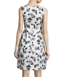Betsy Full-Skirt Floral Sheath Dress, Ivory/Black