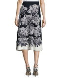 Nadia Rose-Print Flared Midi Skirt, Frost/Navy