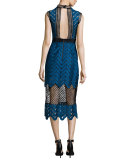 Scalloped Mixed-Lace Midi Dress, Teal
