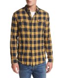 Frayed-Edge Plaid Western Shirt, Blue/Yellow