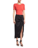 Waist-Tie Silk Midi Skirt, Black