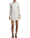 3/4-Sleeve Lace Mini Dress, Ivory