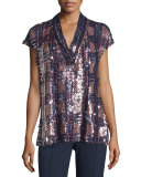 V-Neck Embellished-Front Blouse, Midnight Blue