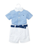 Short-Sleeve Striped Shirt w/ Belted Shorts, Blue, Size 6-24 Months