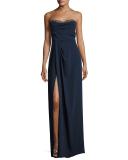 Beaded Strapless Sweetheart Crepe Gown, Navy