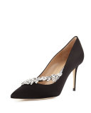 Nadira Jeweled Satin 90mm Pump, Black