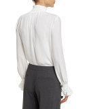 Briella Smocked Mock-Neck Silk Blouse, White