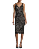 Sleeveless Embroidered Cocktail Dress, Black/Taupe