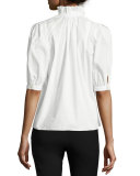 Ruffle-Neck Half-Sleeve Poplin Top, White