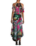 Tropical-Print Cold-Shoulder Wrap Dress, Black