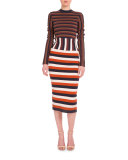 Long-Sleeve Mixed-Stripe Sheath Dress, Multi Colors