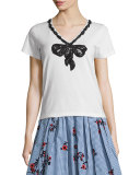 Short-Sleeve Sequined Bow Top, White