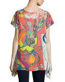 Elly Short-Sleeve Silk Printed Tunic, Plus Size