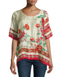 Secret Garden Floral Silk Georgette Top, Red Pattern, Plus Size