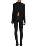 Carly Ribbed Split-Back Pullover, Black