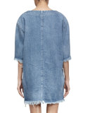 Frayed-Hem Denim Shift Dress, Light Blue Denim