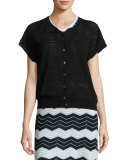 Short-Sleeve Bubble-Hem Zigzag Cardigan, Black