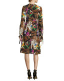 Jungle-Print Tie Long-Sleeve Dress, Black