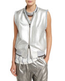 Reversible Mink & Leather Bomber Vest, Light Blue