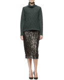 Fringe Embellished Pencil Skirt, Olive/Gold