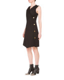 Sleeveless V-Neck Side-Button Dress, Black