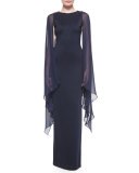 Beaded Cape-Sleeve Column Gown
