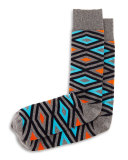 Diamond-Print Knit Socks, Gray/Turquoise/Orange