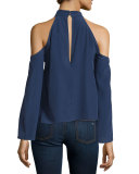 Stay Close Long-Sleeve Silk Halter Top, Navy