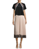 Raglan-Sleeve Striped Silk Crop Top, Nero/Cipria/Panna