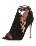 Side Lace-Up Peep-Toe Bootie, Black