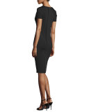 Short-Sleeve Pleated Sheath Dress, Black