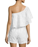One-Shoulder Spot Fringe Romper, White