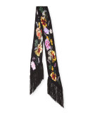 Floral Classic Skinny Fringe Silk Scarf, Black