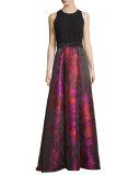 Sleeveless Crepe & Floral Taffeta Ball Gown, Fuchsia
