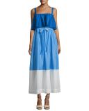 Colorblock Popover Prairie Dress, Blue/White