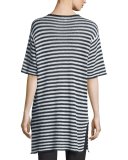 Half-Sleeve Striped Organic-Linen Sweater, Graphite/White