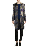 Cora Brocade Long Open Coat, Petrol/Multi