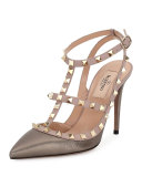 Rockstud 100mm Strappy Pebbled Leather Pump, Sasso/Poudre