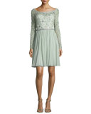 Beaded Long-Sleeve Boat-Neck Dress, Azure