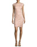 Cap-Sleeve Rose Lace Sheath Dress, Pink