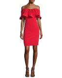 Off-the-Shoulder Pleated Stretch Crepe Cocktail Dress, Red