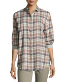 Sabira Long-Sleeve Madras Plaid Blouse, Femme Pink Multi