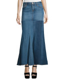 Five-Pocket Denim Godet Maxi Skirt, Washed Indigo
