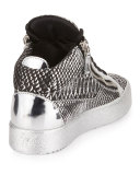 Men's Textured Metallic Leather Mid-Top Sneaker, Black/Silver