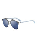 Reflected Mirrored Metal Brow-Bar Sunglasses, Pewter/Blue